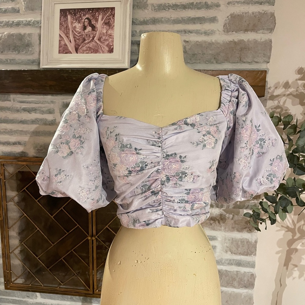Floral Puff Sleeve Ruched Top - Lavender